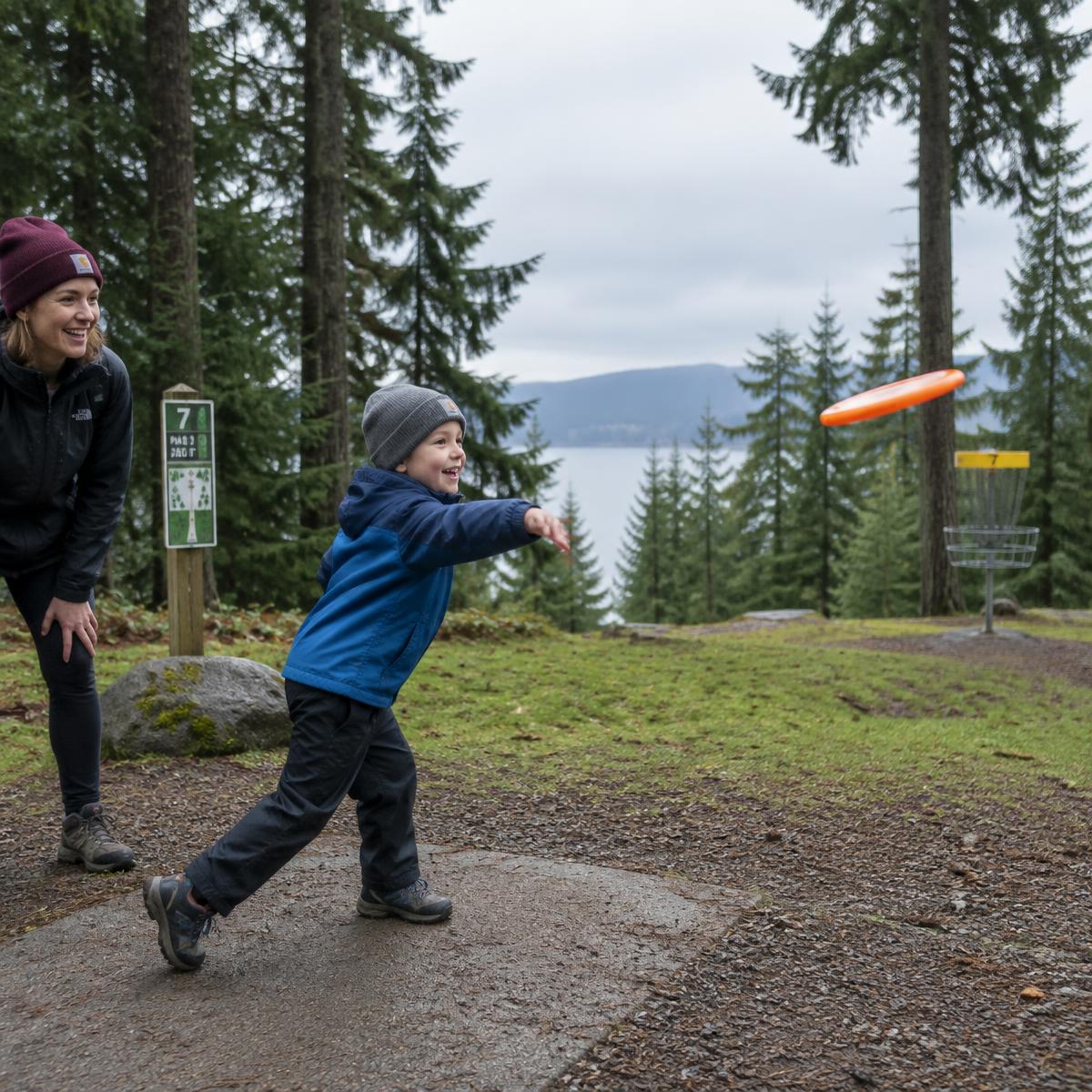 A parent watches a young kid throw an orange disc toward a basket in a fir-lined park